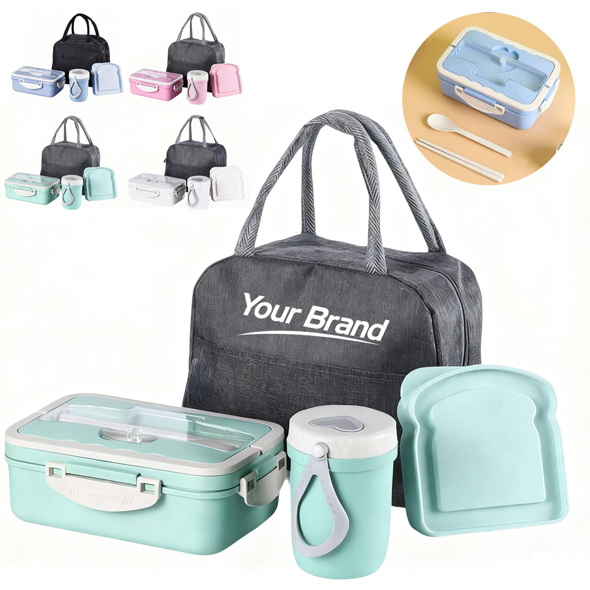 Portable Insulated Lunch Bag With Bento Box Container Set