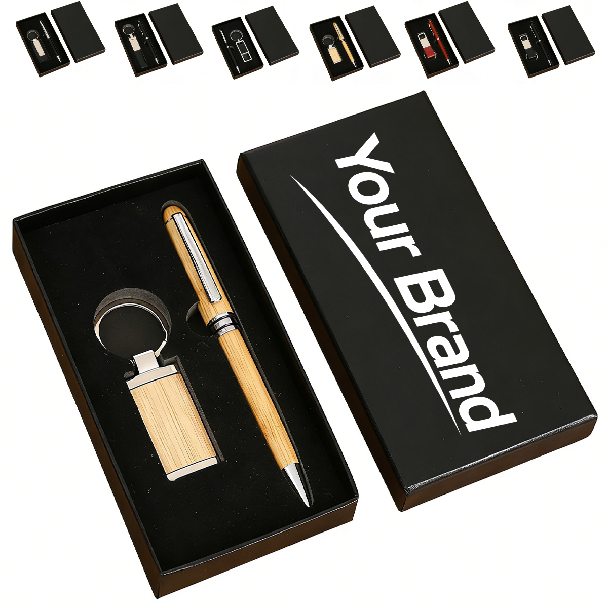 Bamboo Ballpoint Pen And Rectangular Keychain Gift Set