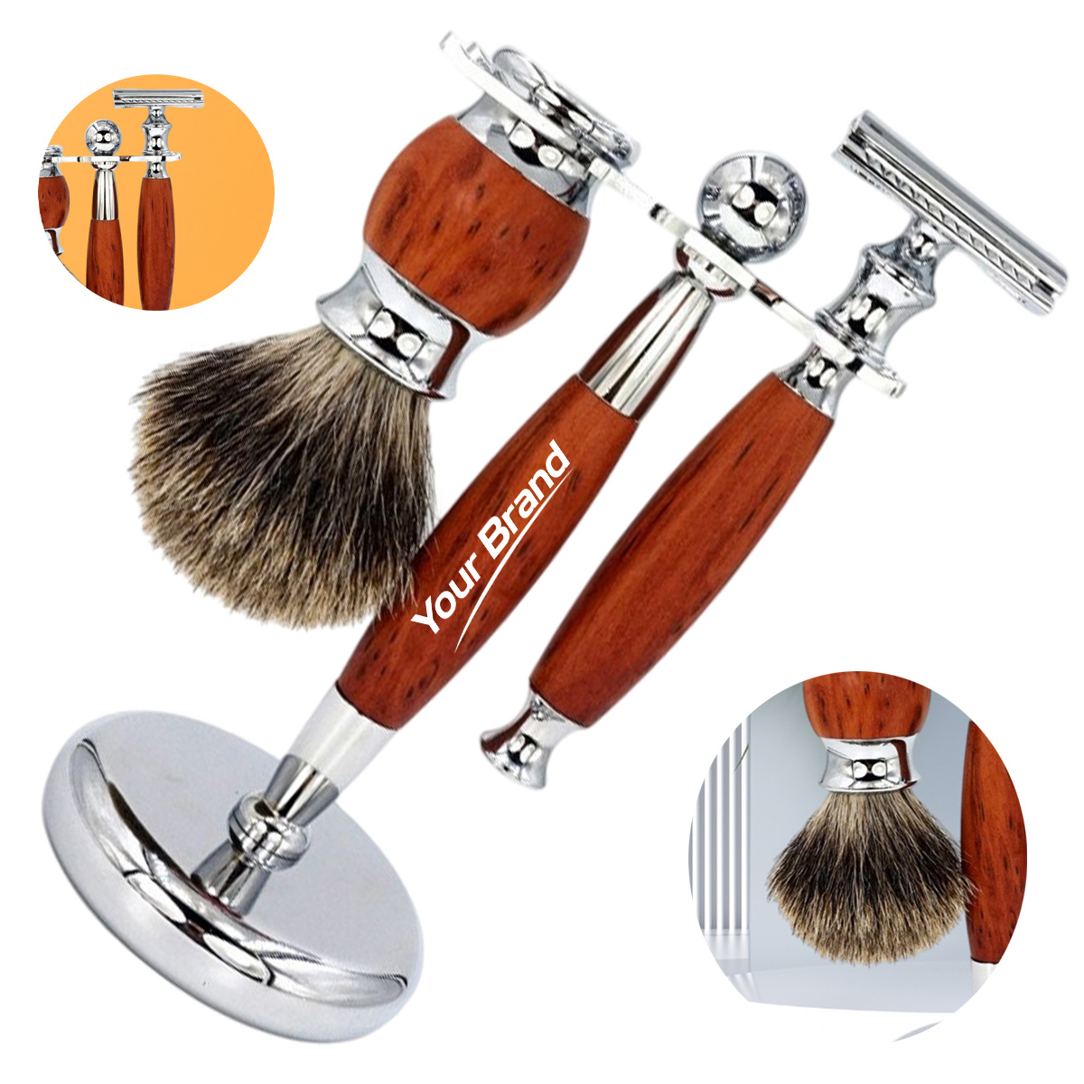 Vintage Wooden Handle Shaving Razor Set