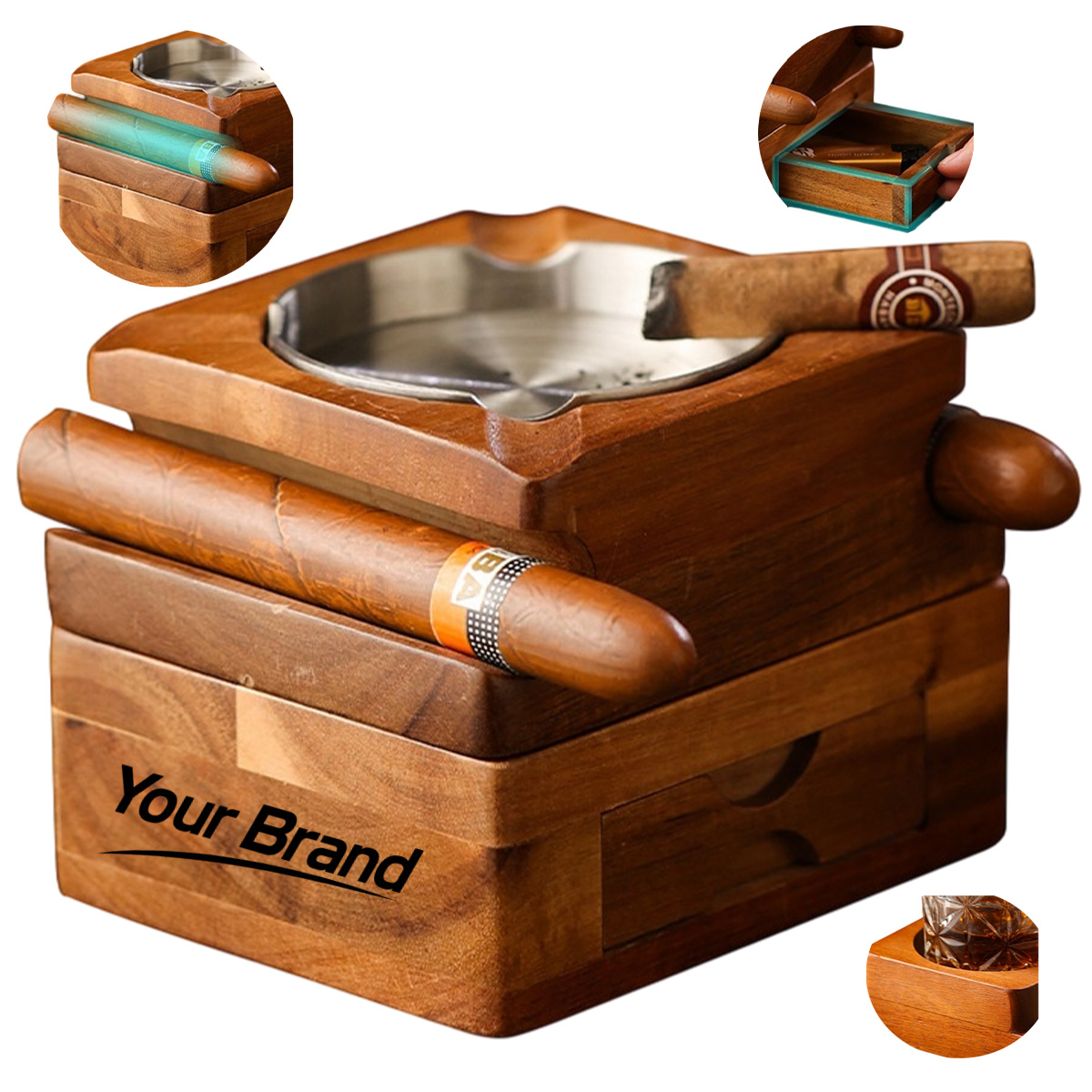 Premium Wooden Cigar Ashtray with Whiskey Glass Holder