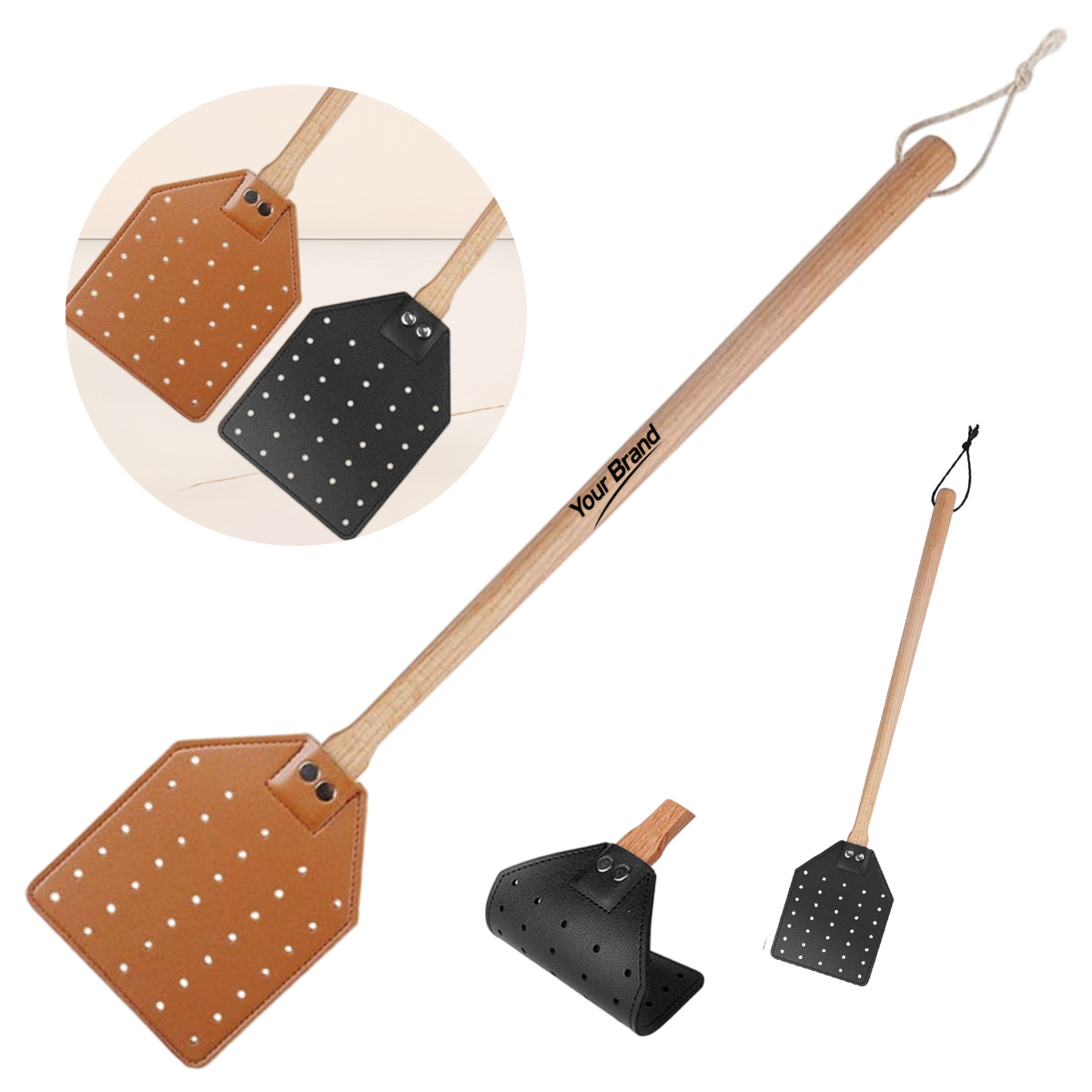 Leather Fly Swatter Wooden Handle Mosquito Swatter Home