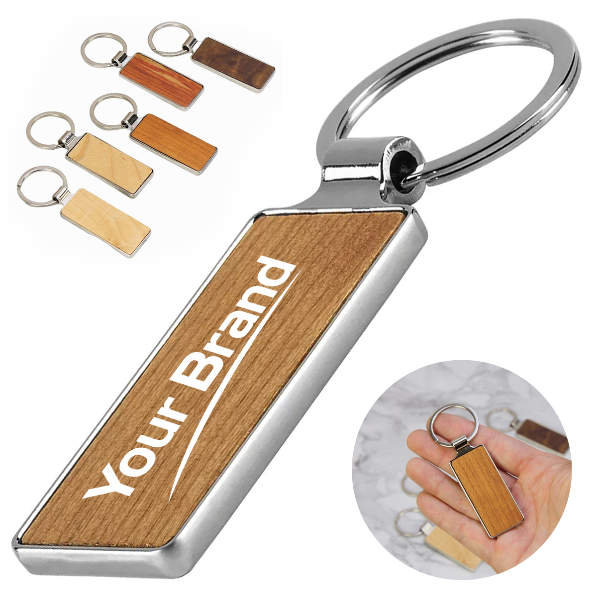 Bamboo Wood Metal Rectangle Keychain