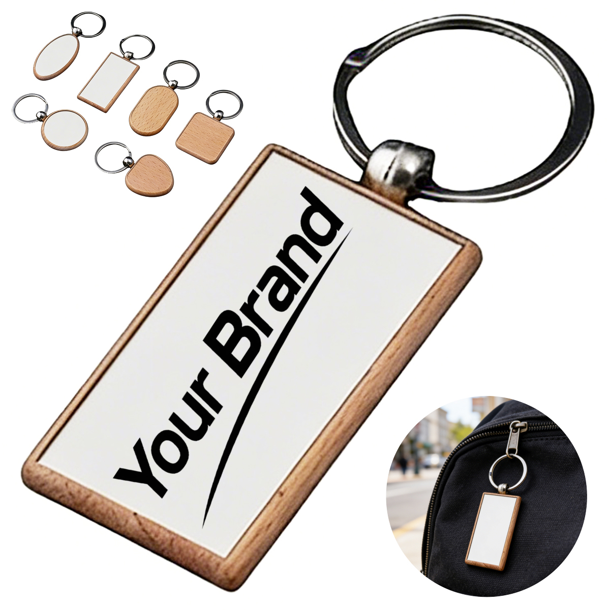 Wood Frame Compact Mirror Keychain