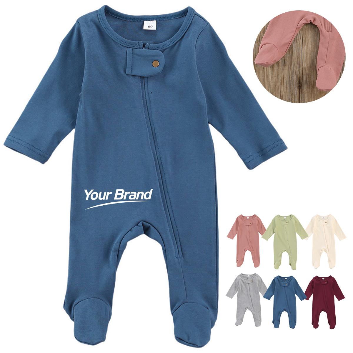 Classic Solid Color Long Sleeve Baby Romper w/ Snap Closure