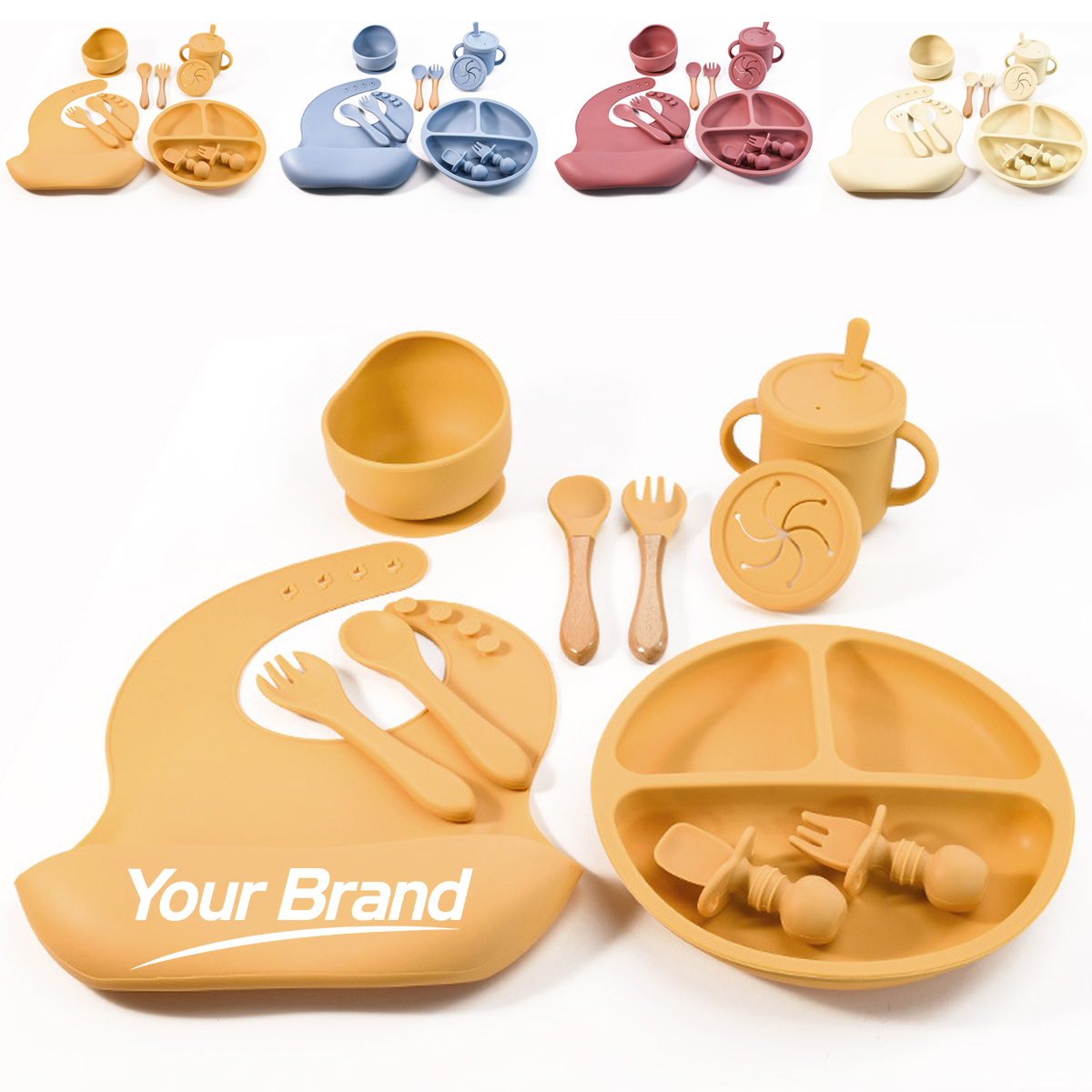 10-Piece Silicone Infant Feeding Set w/ Wood-Handle Utensils