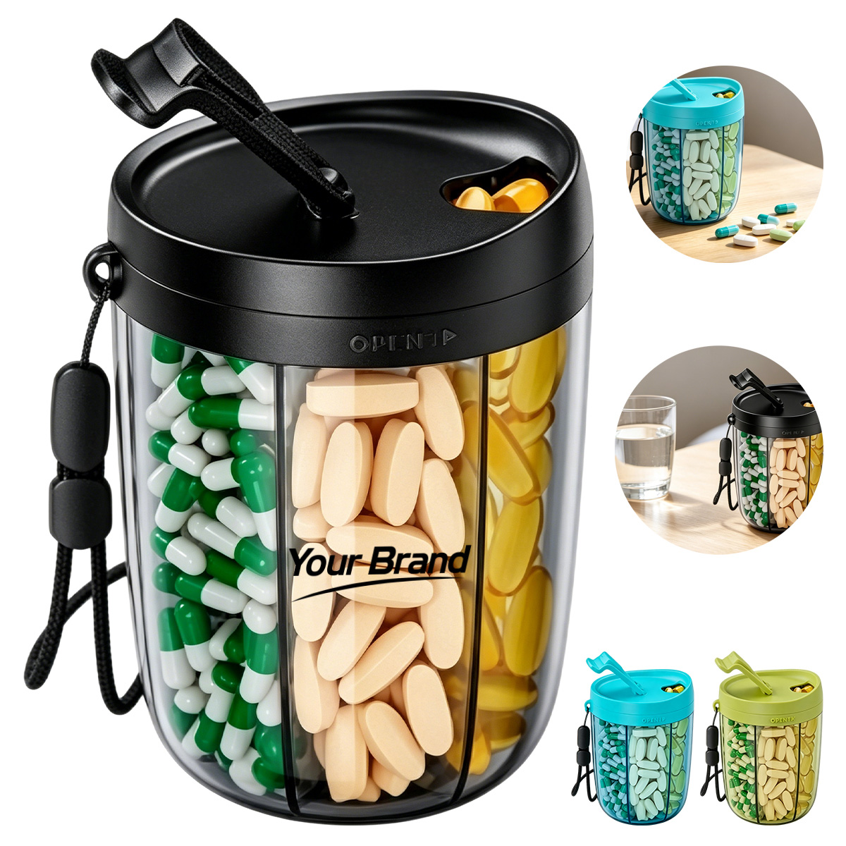 Portable 6 Compartment High Capacity Pill Canister