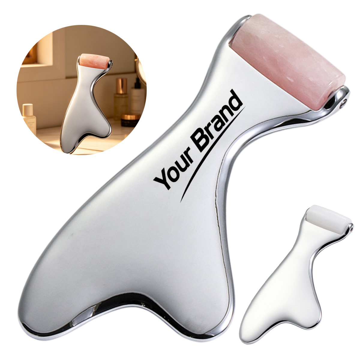 Natural Rose Quartz Facial Roller Massage Tool