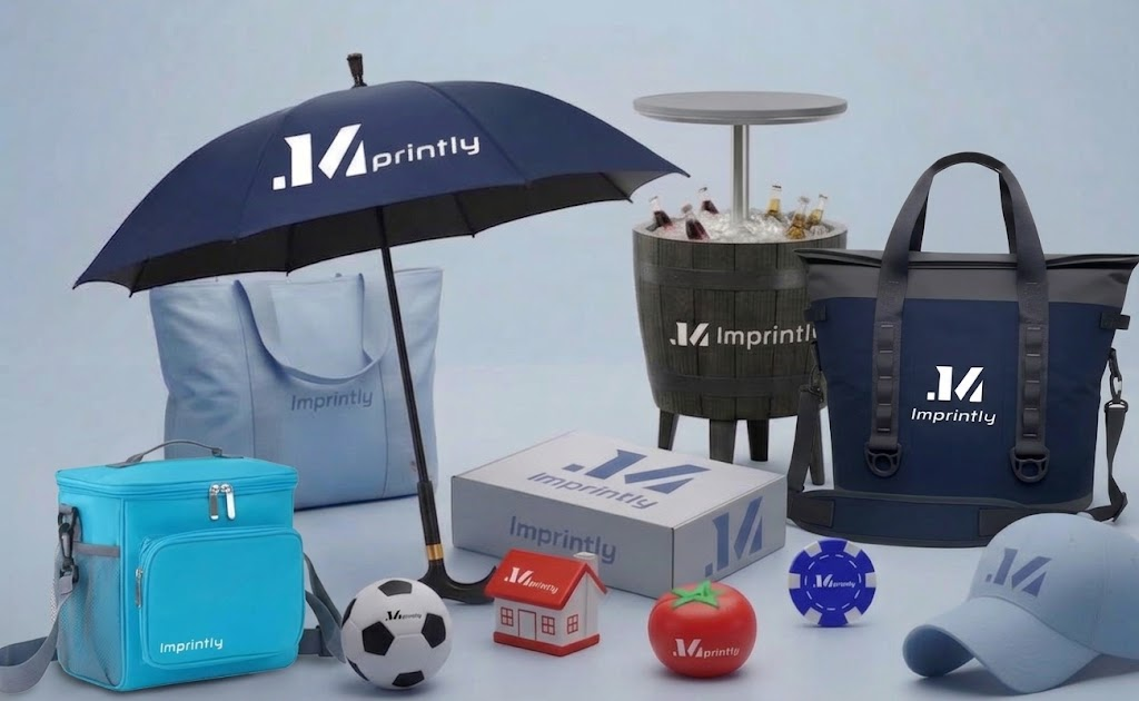 Imprintly branded umbrella, bags, cooler, cap, packaging, and promotional accessories