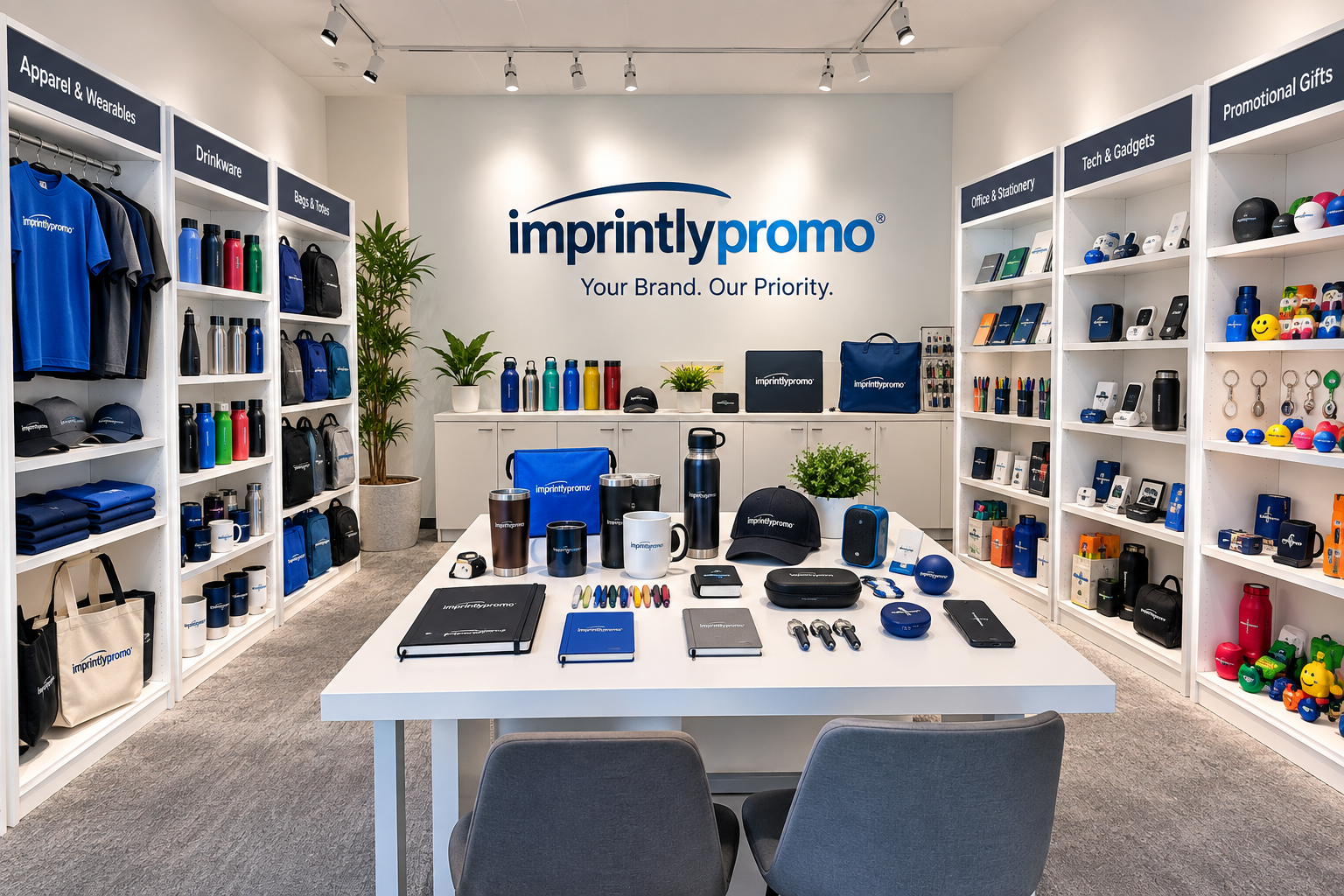 Display of promotional apparel, drinkware, bags, stationery, and technology accessories